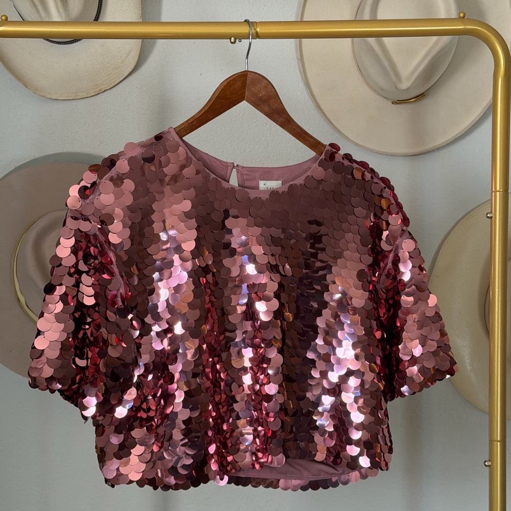 A New Day Shiny Pink Sequin Crop Top